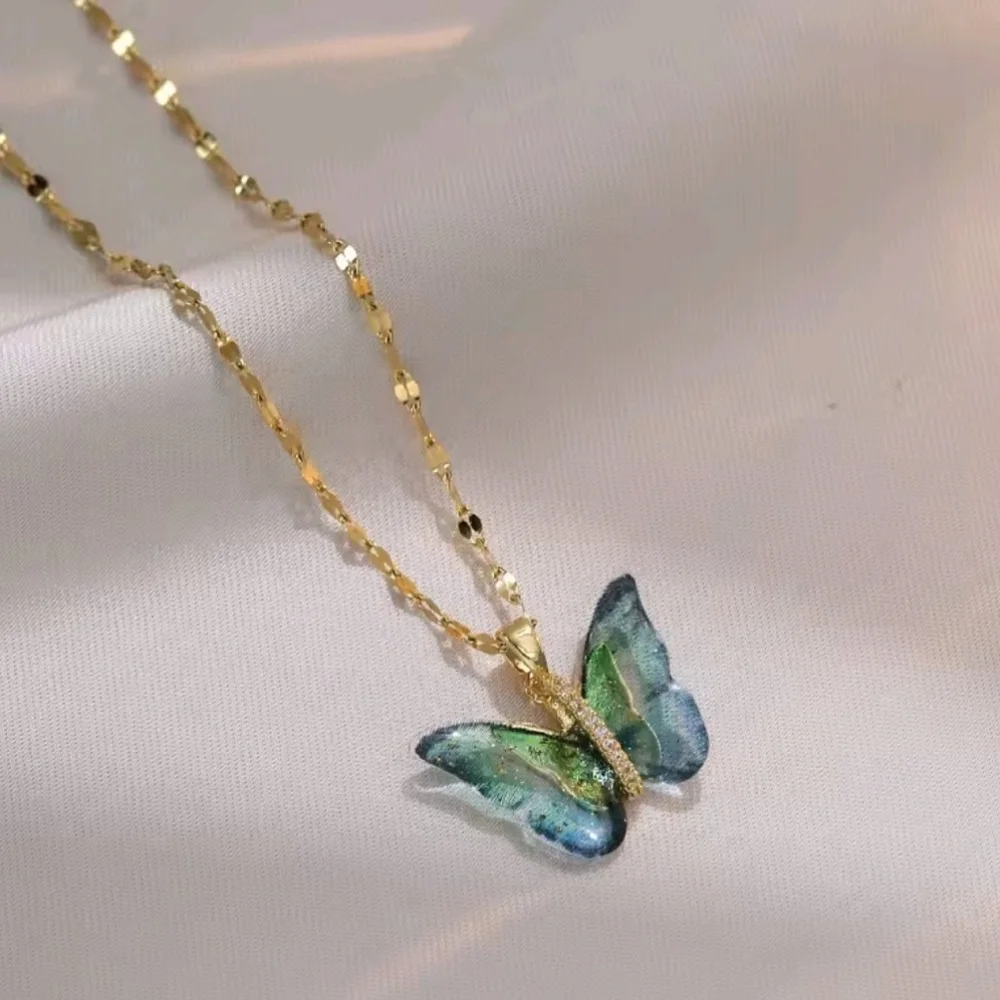 Elegant Gold and Colorful Butterfly Crystal Charm Pendant Necklace - Picture 2 of 6